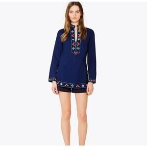 TORY BURCH dark navy blue orange embellished sequin beaded tunic top blouse
